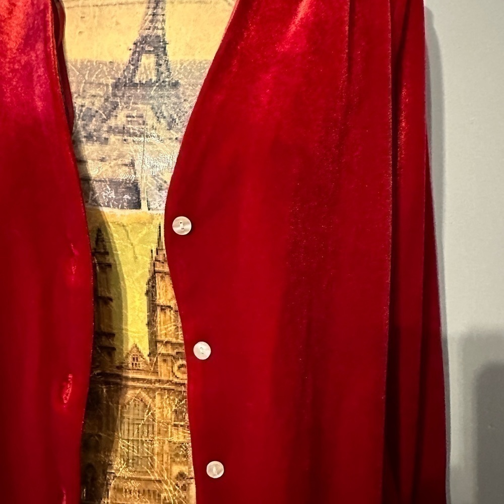State V-Neck Velvet Button Front Top Red - Picture 4 of 10